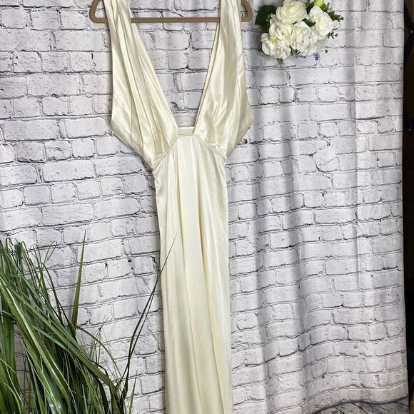 Silk Maison Washable Silk Plunging V-Neck High Slit Maxi MIDI Dress Cream XS New - Picture 4 of 15